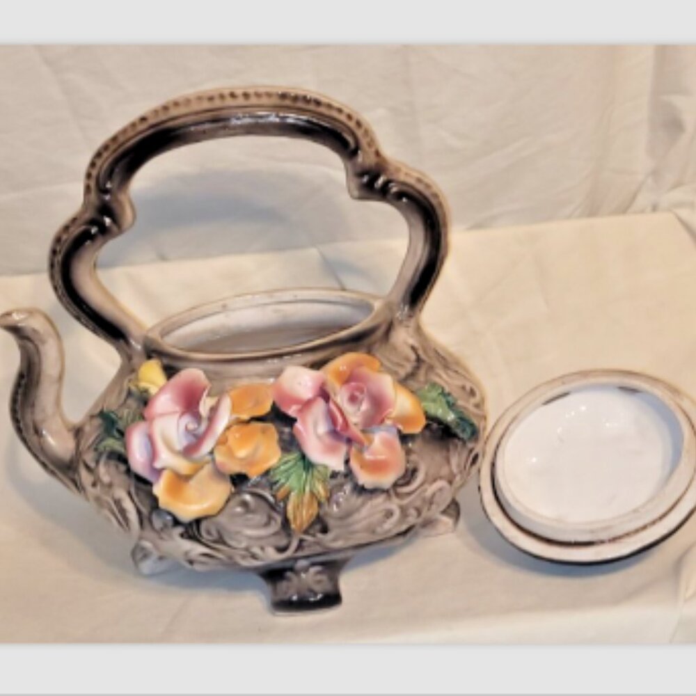 Vintage Capodimonte Floral Porcelain Large Tea Pot Approx. 11" tall X 11" wide